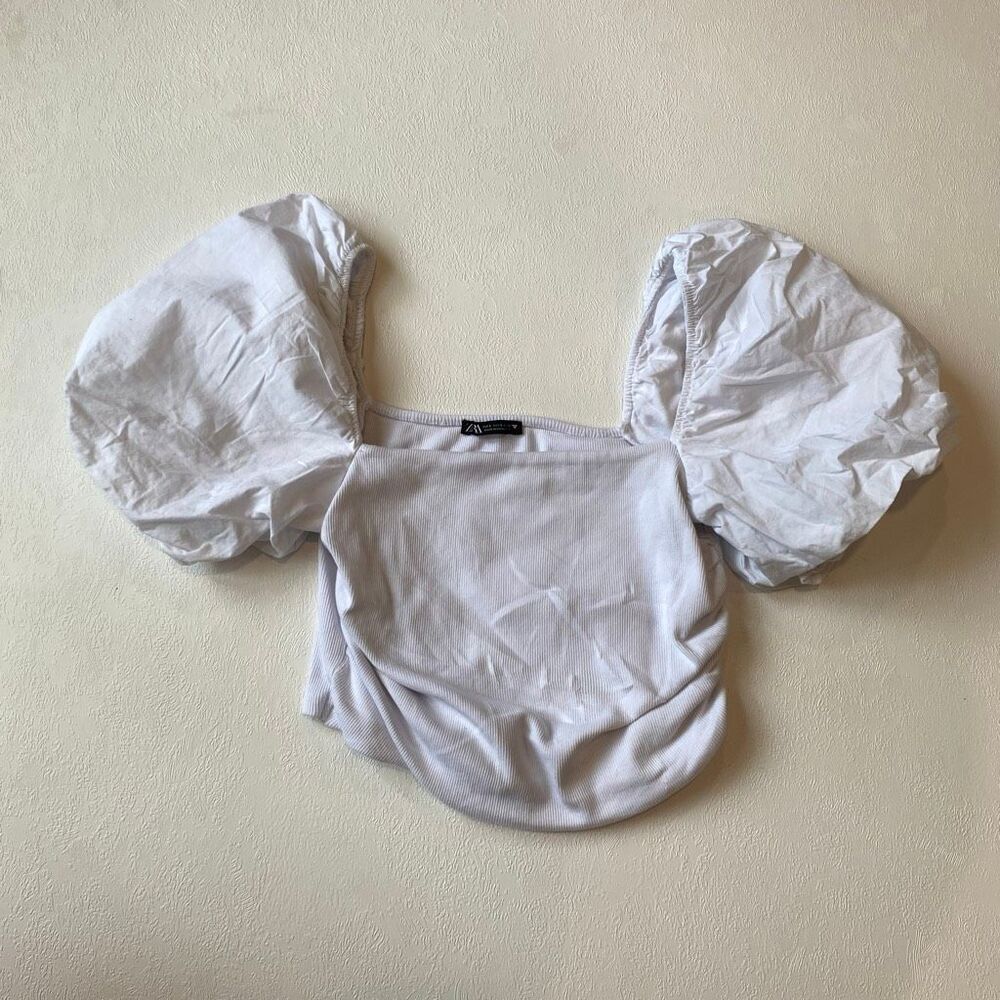 Zara White Puff Sleeve Crop Top Size L Ribbed Cottagecore - Picture 2 of 7
